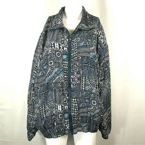 Bogari Jacket Womens Sz XL Navy‎ Blue Polynesian Print Silk Zip Up Loose Bomber